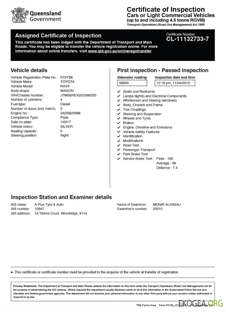 Australie Queensland certificat d'inspection des véhicules